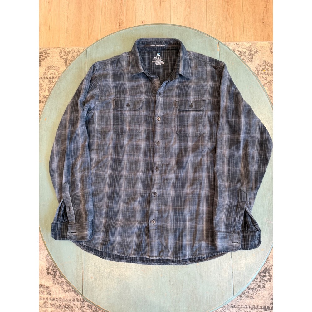 Kuhl Response Shirt Mens Large Gray Blue Plaid Long Sleeve Button Down 7204